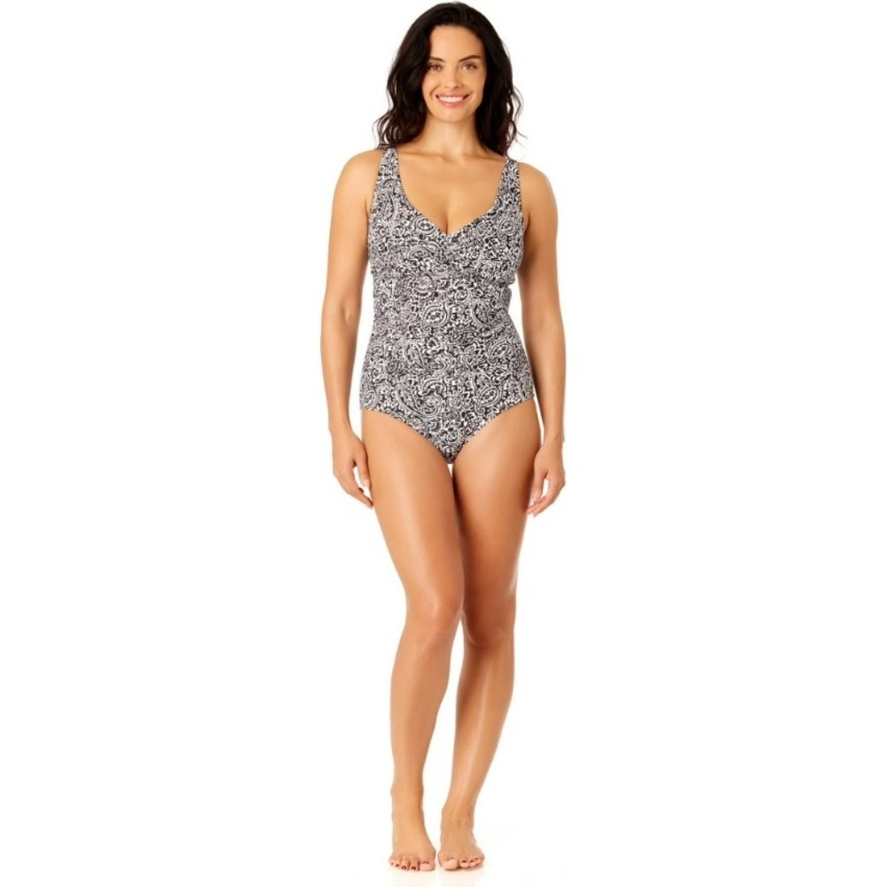 Lands' End Paisley Print One Piece Swimsuit Tummy Control Black‎ White XS NWT